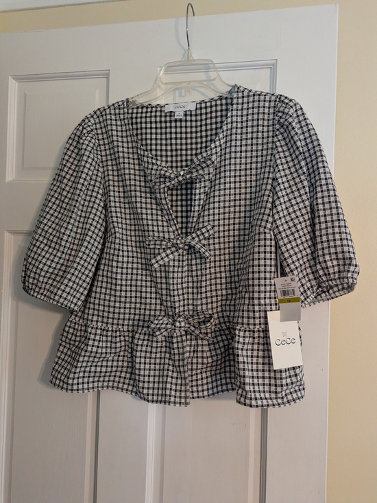 CeCe Tops - NWT Peplum CeCe Women's Black & White Gingham Tie-Front Top